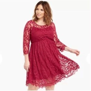 Torrid Burgundy Lace Skater Dress 3/4 Sleeve Size 16